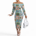 Australia Wildlife Christmas Stamp Off The Shoulder Long Sleeve Dress Blue Aussie Native Animal Seamless Pattern