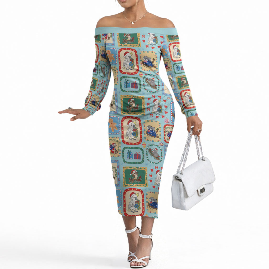 Australia Wildlife Christmas Stamp Off The Shoulder Long Sleeve Dress Blue Aussie Native Animal Seamless Pattern