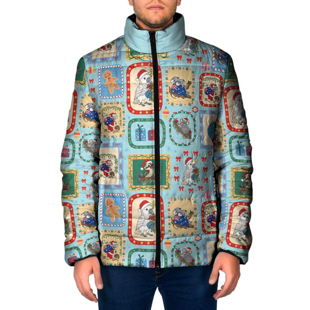 Australia Wildlife Christmas Stamp Padded Jacket Blue Aussie Native Animal Seamless Pattern