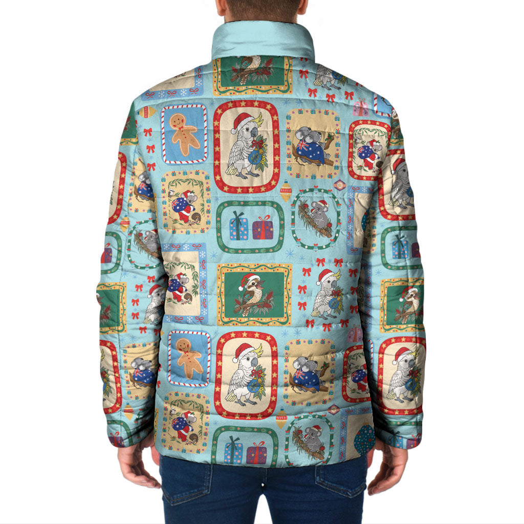 Australia Wildlife Christmas Stamp Padded Jacket Blue Aussie Native Animal Seamless Pattern