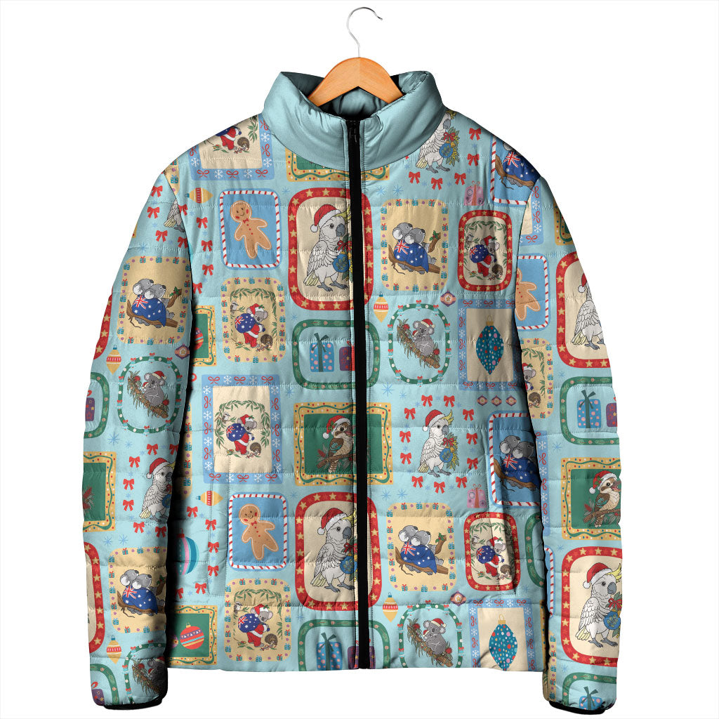 Australia Wildlife Christmas Stamp Padded Jacket Blue Aussie Native Animal Seamless Pattern