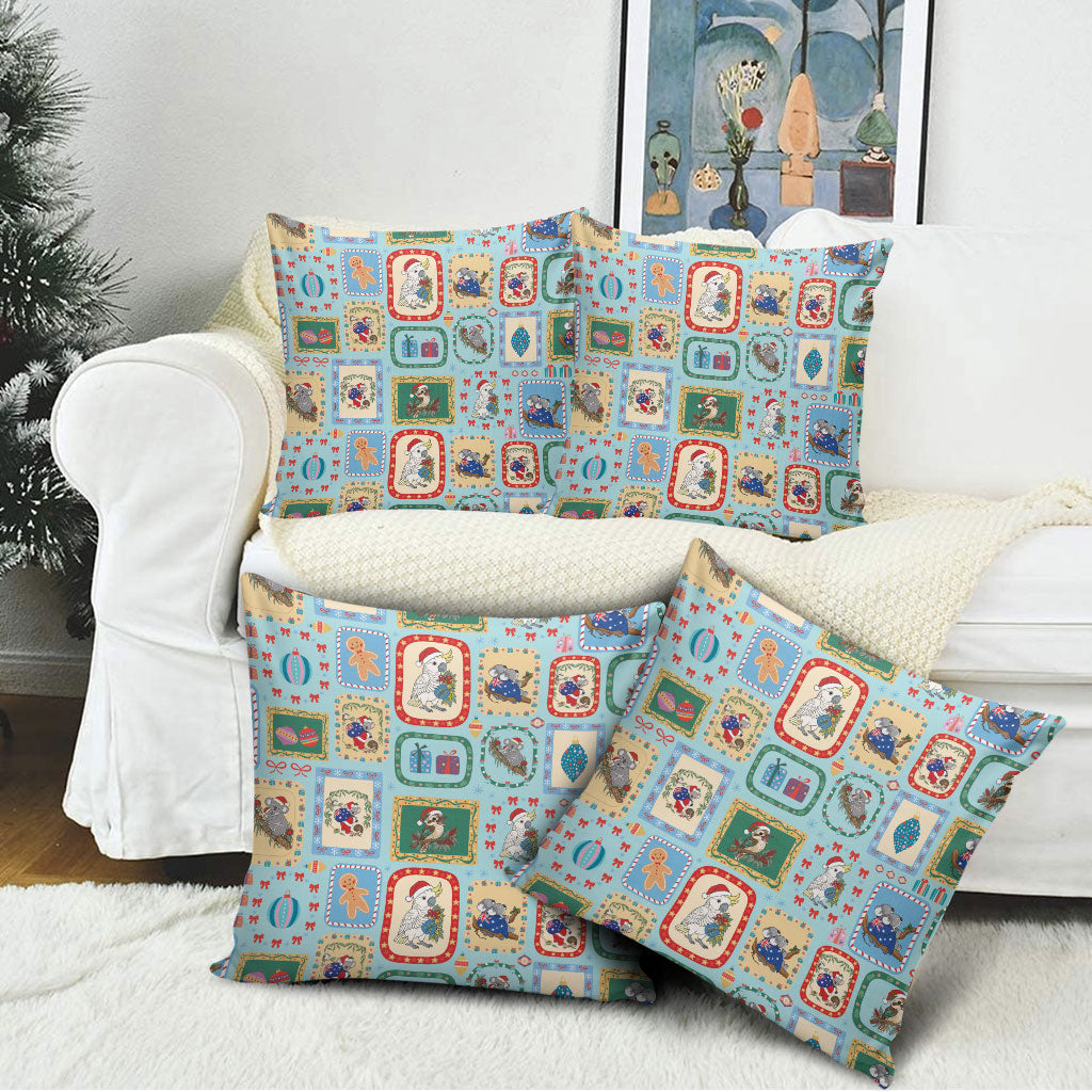 Australia Wildlife Christmas Stamp Pillow Cover Blue Aussie Native Animal Seamless Pattern