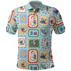 Australia Wildlife Christmas Stamp Polo Shirt Blue Aussie Native Animal Seamless Pattern