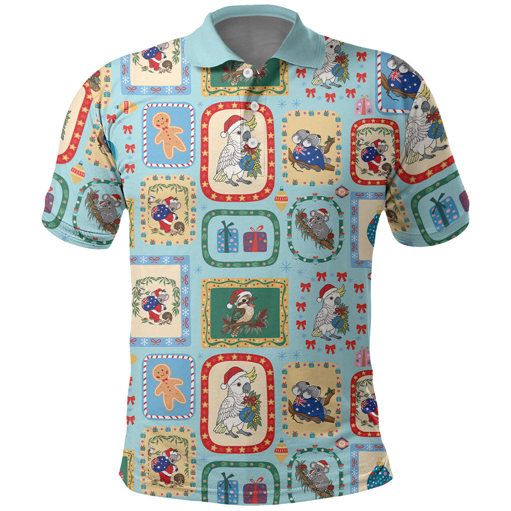 Australia Wildlife Christmas Stamp Polo Shirt Blue Aussie Native Animal Seamless Pattern