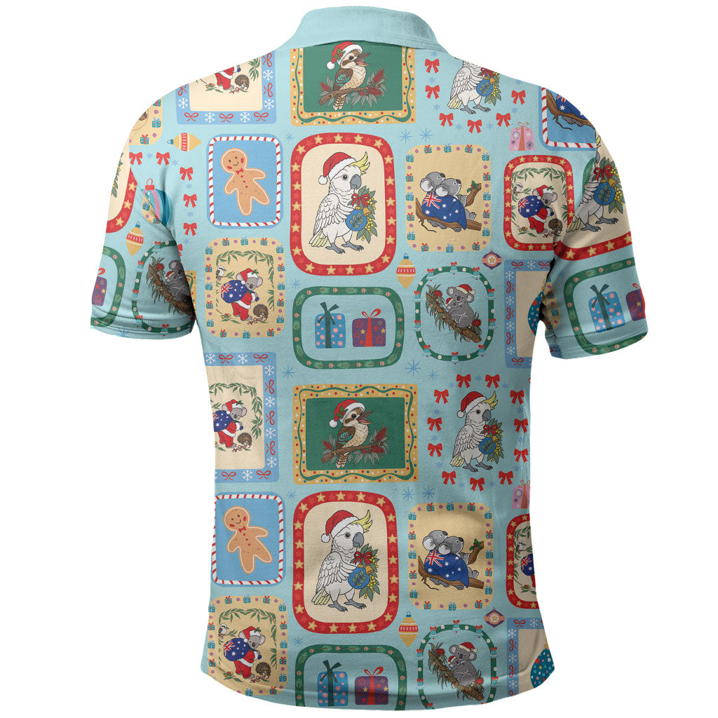 Australia Wildlife Christmas Stamp Polo Shirt Blue Aussie Native Animal Seamless Pattern