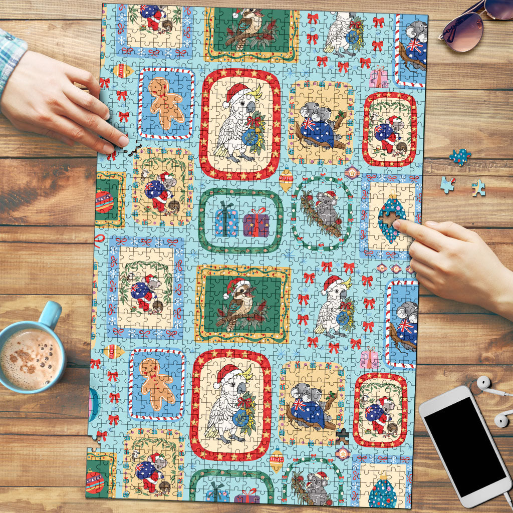 Australia Wildlife Christmas Stamp Puzzle Blue Aussie Native Animal Seamless Pattern
