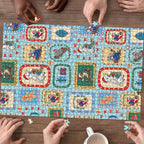 Australia Wildlife Christmas Stamp Puzzle Blue Aussie Native Animal Seamless Pattern