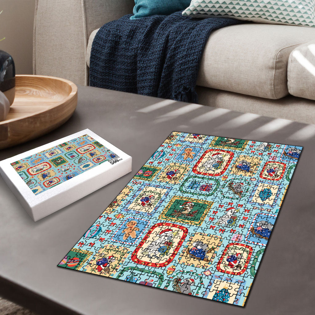 Australia Wildlife Christmas Stamp Puzzle Blue Aussie Native Animal Seamless Pattern