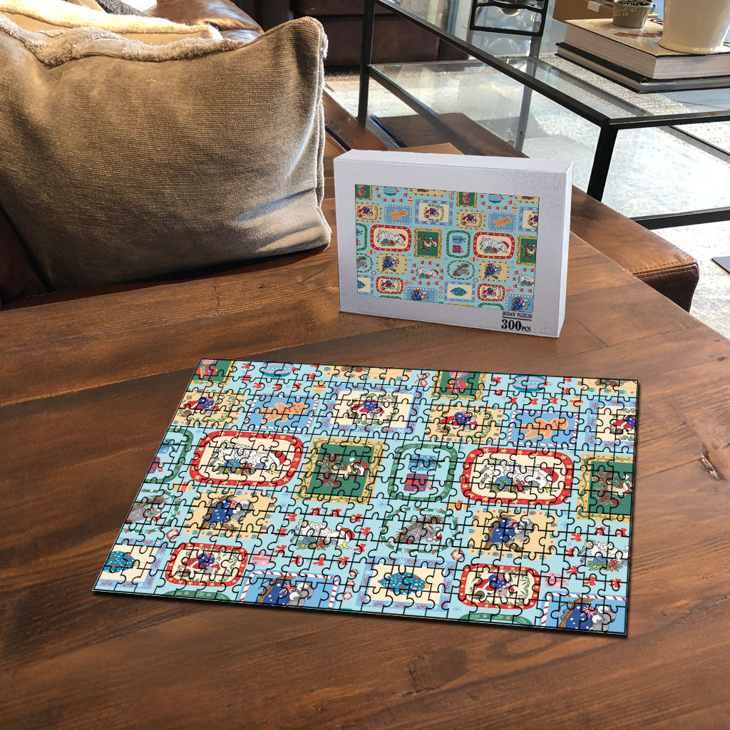 Australia Wildlife Christmas Stamp Puzzle Blue Aussie Native Animal Seamless Pattern