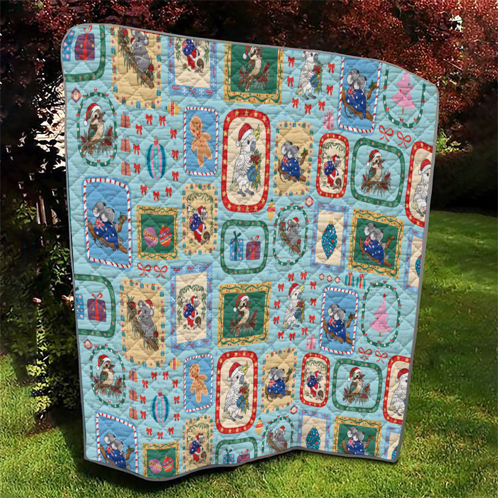 Australia Wildlife Christmas Stamp Quilt Blue Aussie Native Animal Seamless Pattern