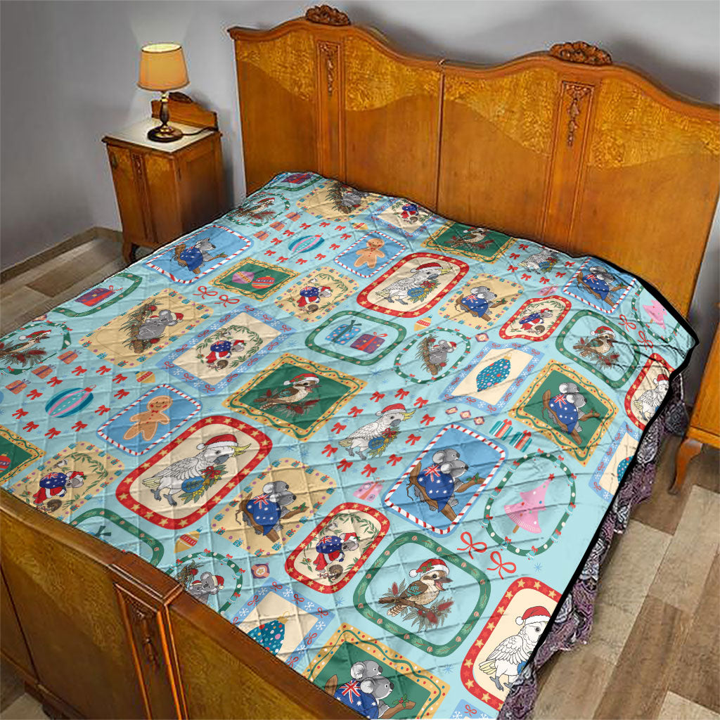 Australia Wildlife Christmas Stamp Quilt Blue Aussie Native Animal Seamless Pattern