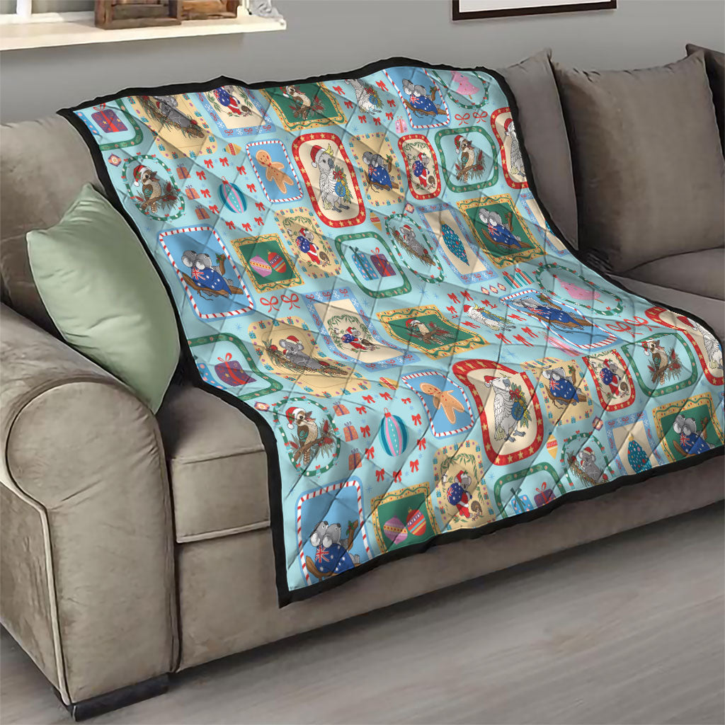Australia Wildlife Christmas Stamp Quilt Blue Aussie Native Animal Seamless Pattern