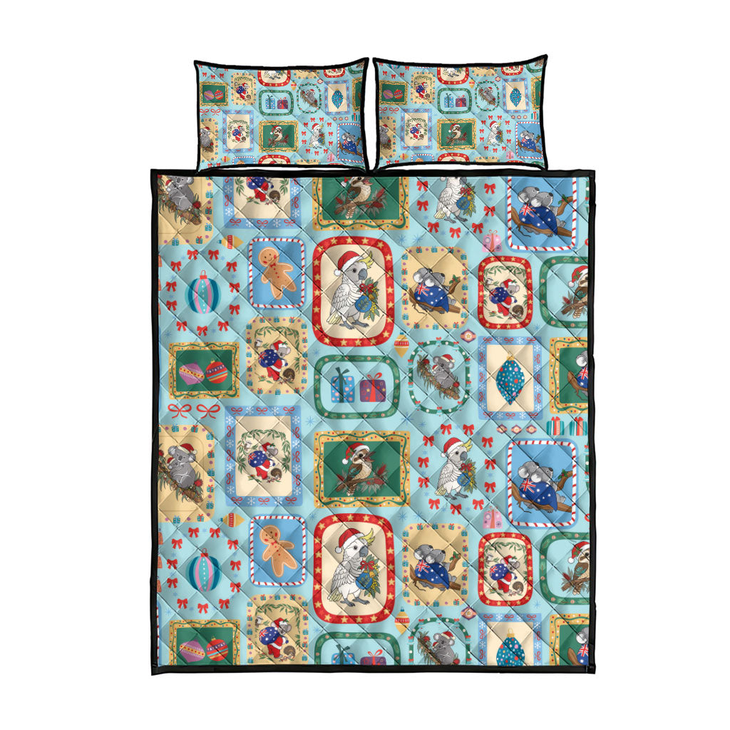 Australia Wildlife Christmas Stamp Quilt Bed Set Blue Aussie Native Animal Seamless Pattern