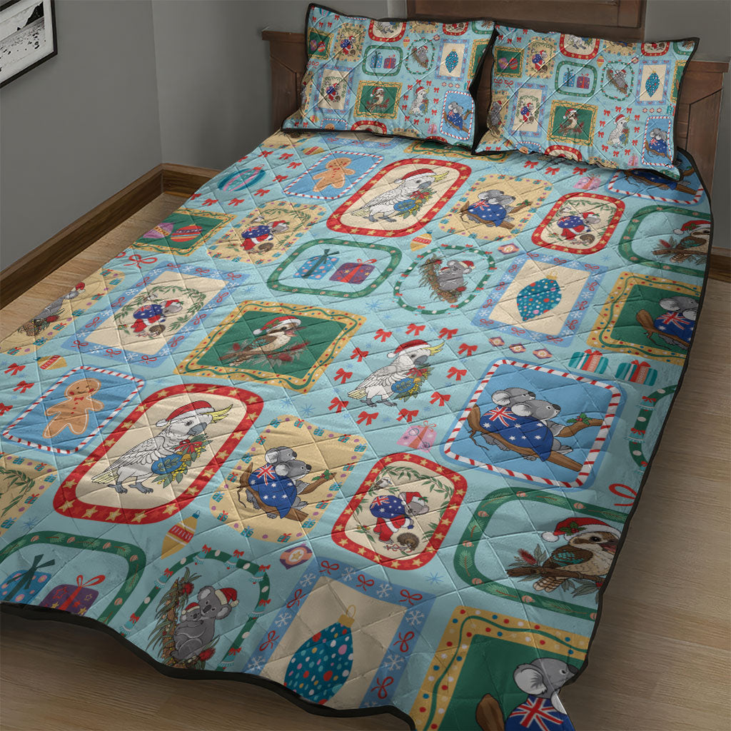 Australia Wildlife Christmas Stamp Quilt Bed Set Blue Aussie Native Animal Seamless Pattern