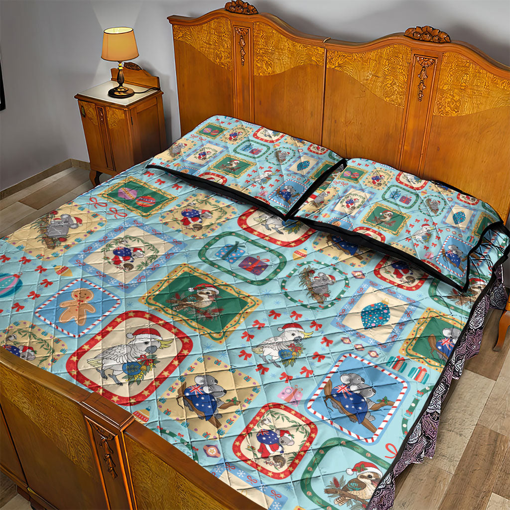 Australia Wildlife Christmas Stamp Quilt Bed Set Blue Aussie Native Animal Seamless Pattern