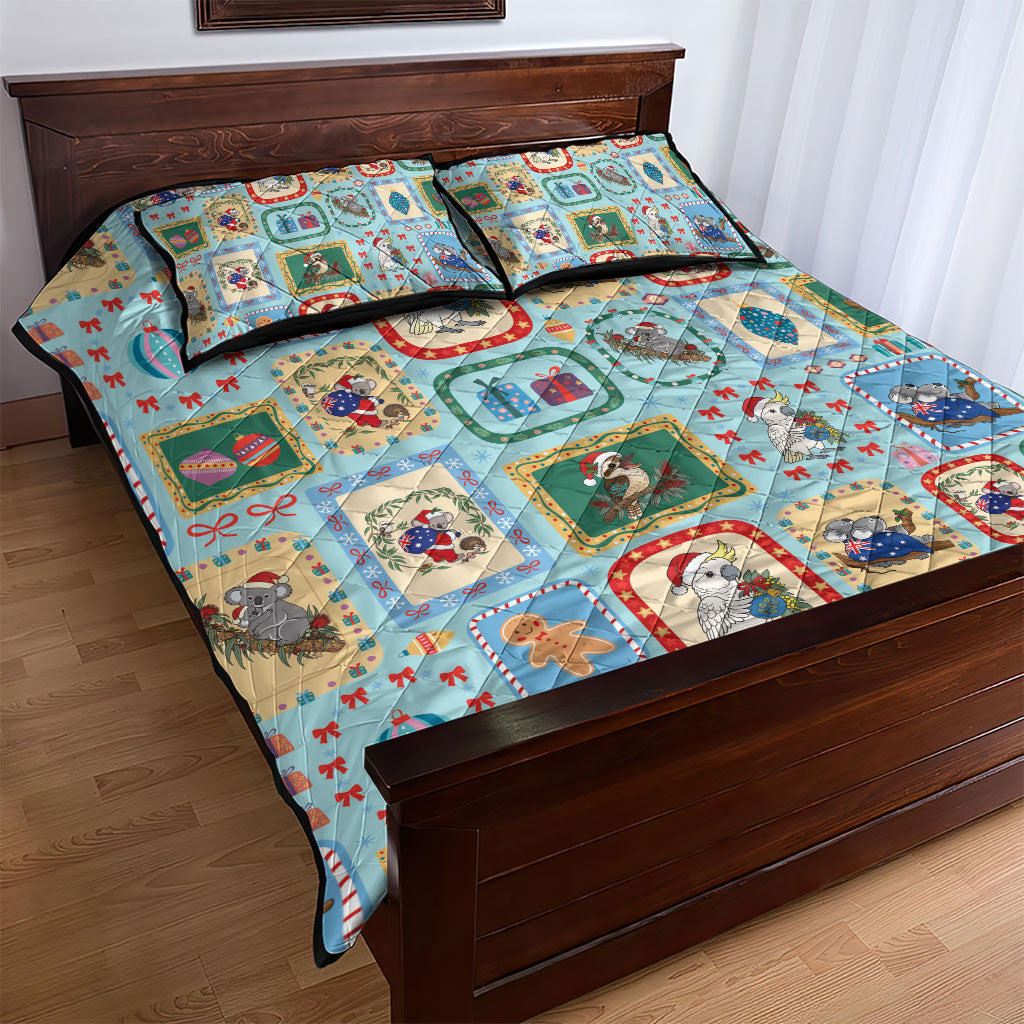 Australia Wildlife Christmas Stamp Quilt Bed Set Blue Aussie Native Animal Seamless Pattern