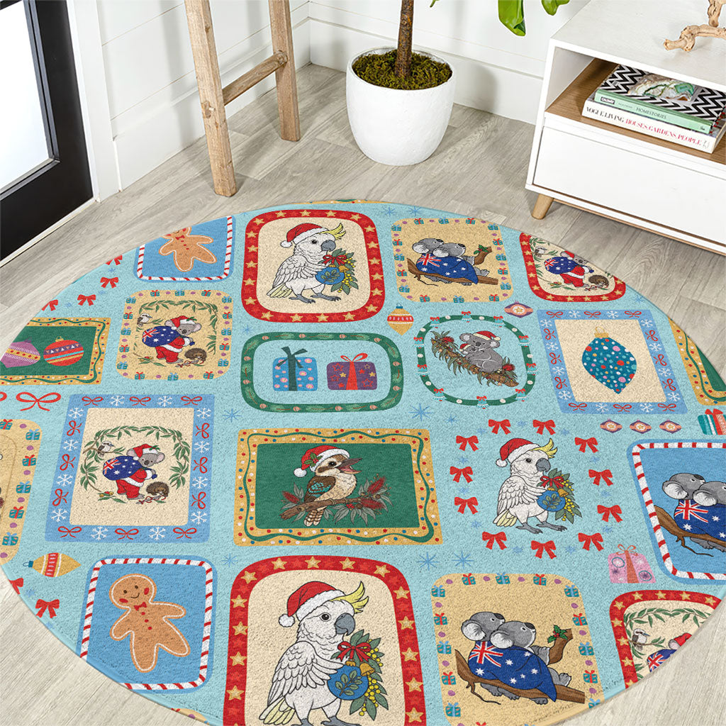 Australia Wildlife Christmas Stamp Round Carpet Blue Aussie Native Animal Seamless Pattern