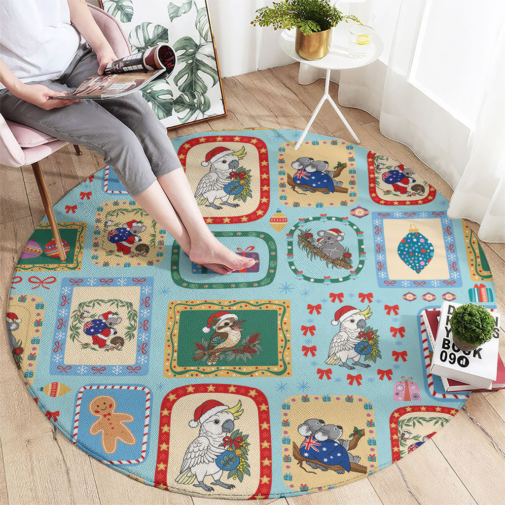 Australia Wildlife Christmas Stamp Round Carpet Blue Aussie Native Animal Seamless Pattern
