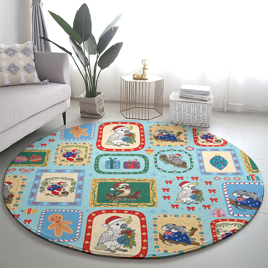 Australia Wildlife Christmas Stamp Round Carpet Blue Aussie Native Animal Seamless Pattern