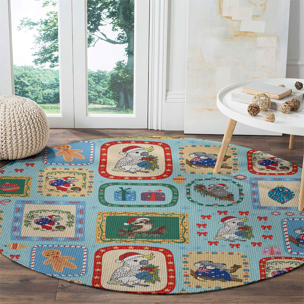 Australia Wildlife Christmas Stamp Round Carpet Blue Aussie Native Animal Seamless Pattern