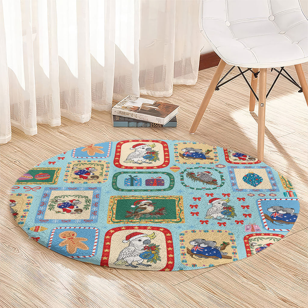 Australia Wildlife Christmas Stamp Round Carpet Blue Aussie Native Animal Seamless Pattern