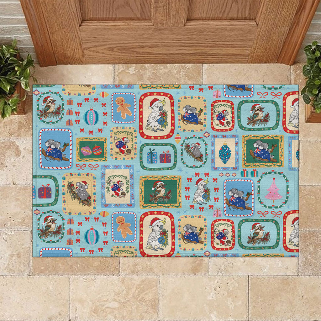 Australia Wildlife Christmas Stamp Rubber Doormat Blue Aussie Native Animal Seamless Pattern