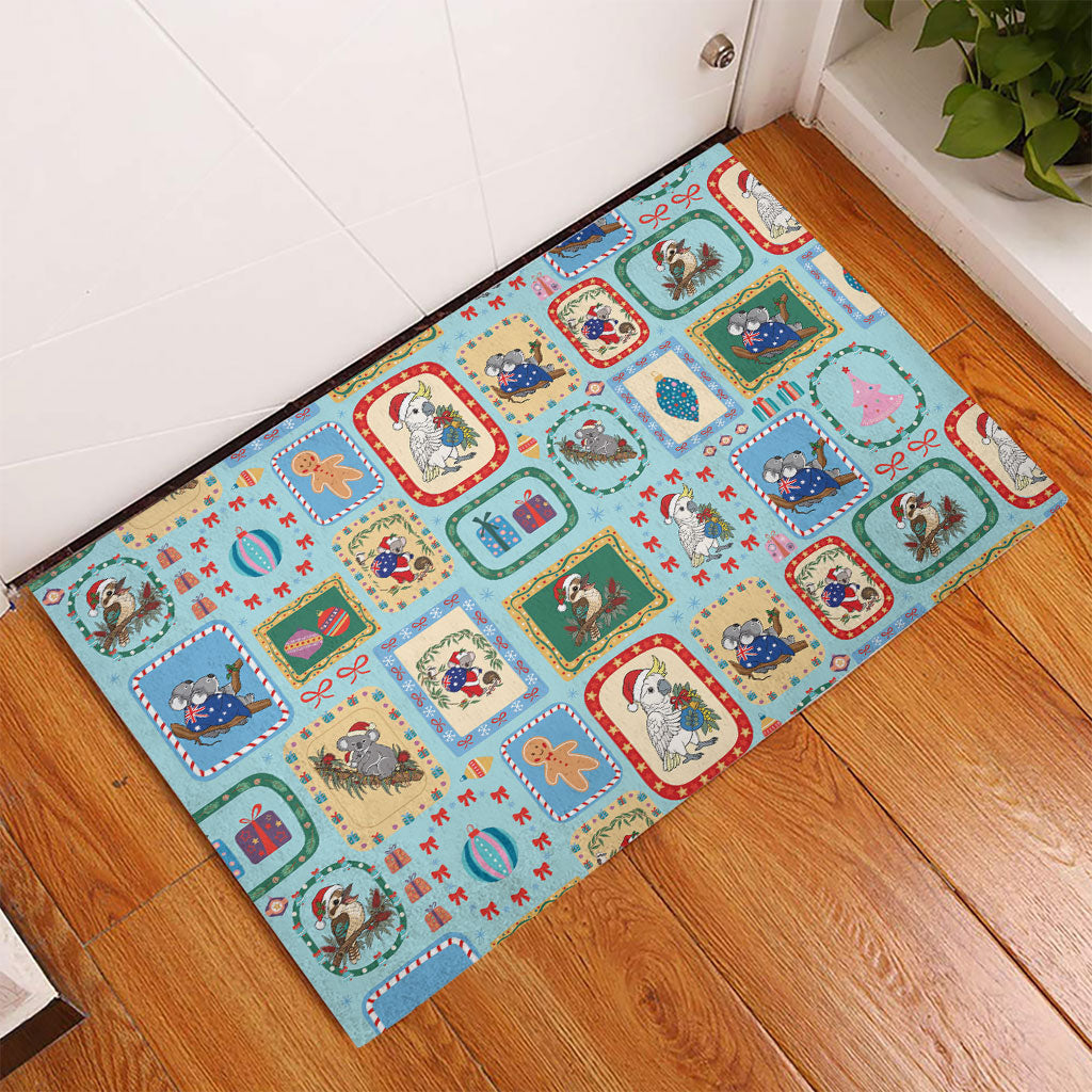 Australia Wildlife Christmas Stamp Rubber Doormat Blue Aussie Native Animal Seamless Pattern