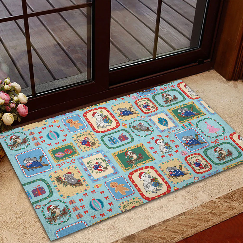 Australia Wildlife Christmas Stamp Rubber Doormat Blue Aussie Native Animal Seamless Pattern