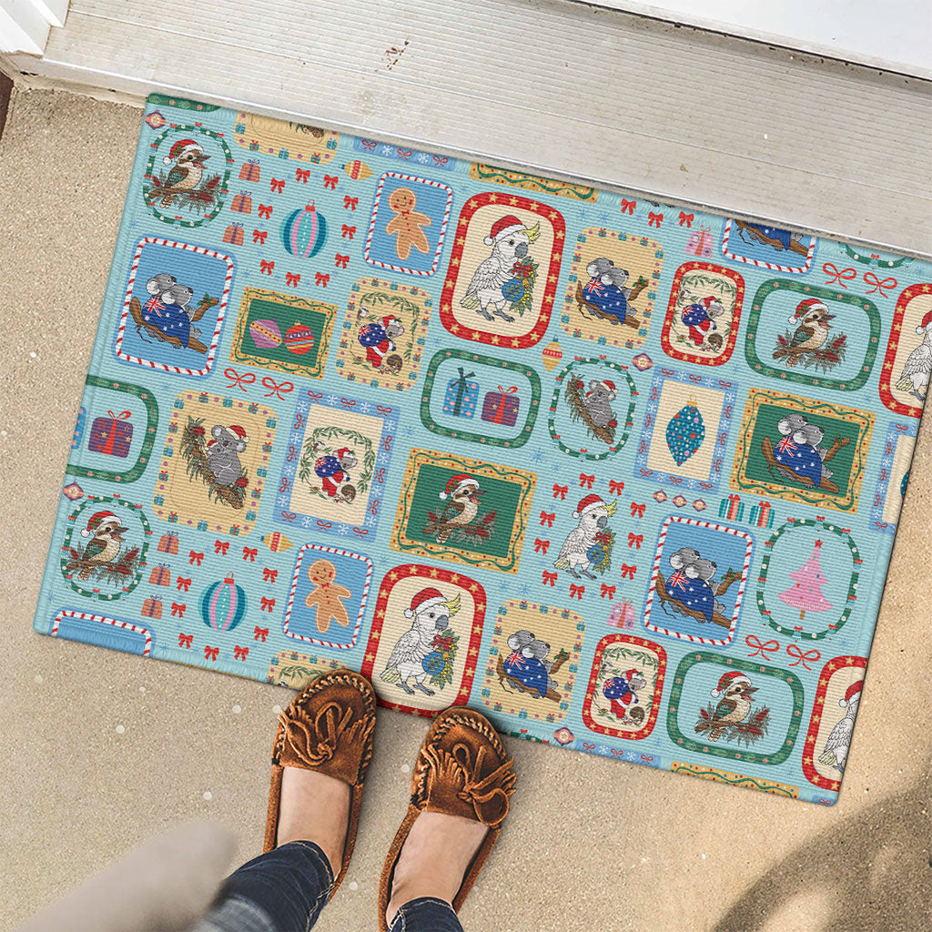 Australia Wildlife Christmas Stamp Rubber Doormat Blue Aussie Native Animal Seamless Pattern