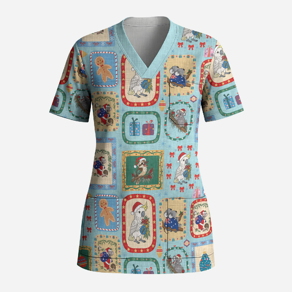 Australia Wildlife Christmas Stamp Scrub Top Blue Aussie Native Animal Seamless Pattern
