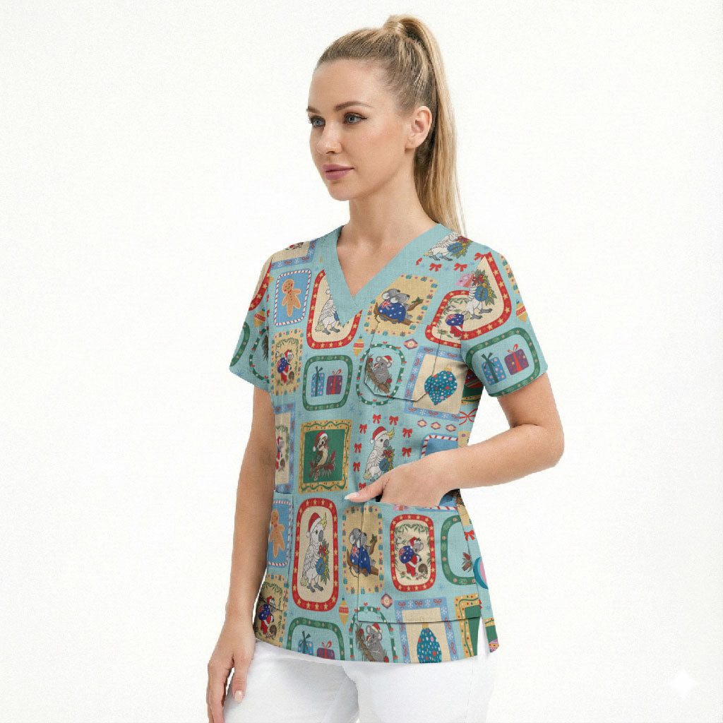 Australia Wildlife Christmas Stamp Scrub Top Blue Aussie Native Animal Seamless Pattern