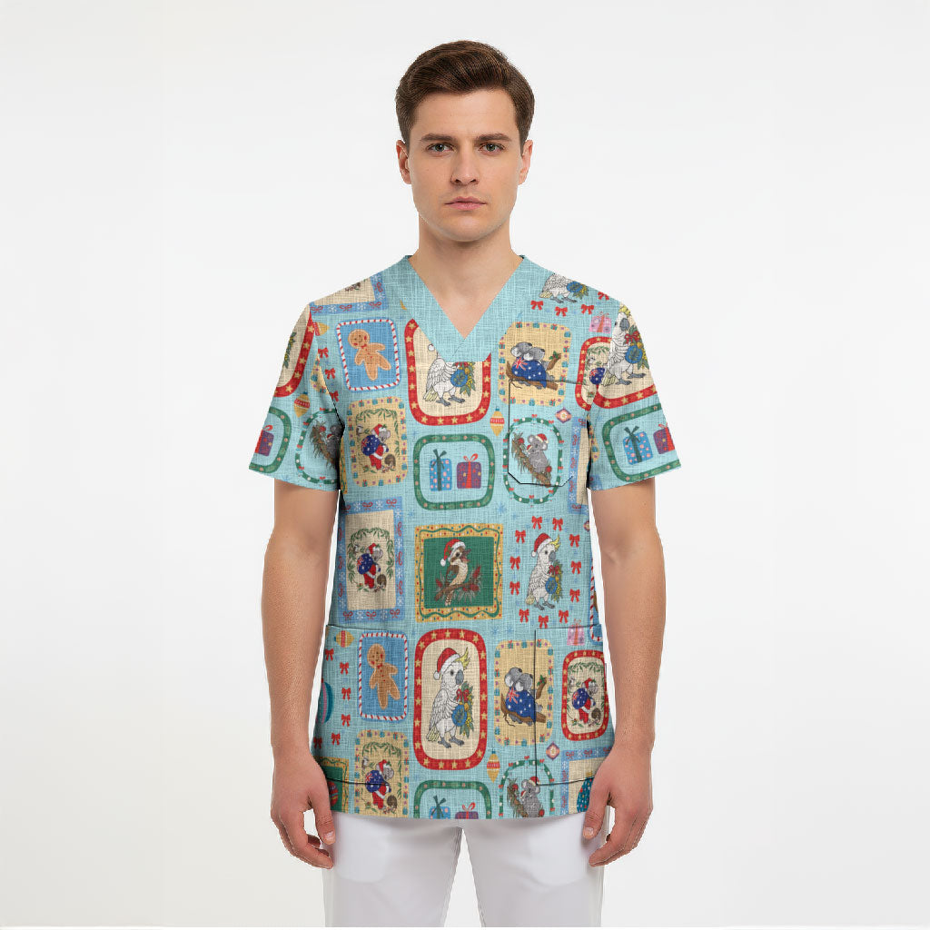Australia Wildlife Christmas Stamp Scrub Top Blue Aussie Native Animal Seamless Pattern