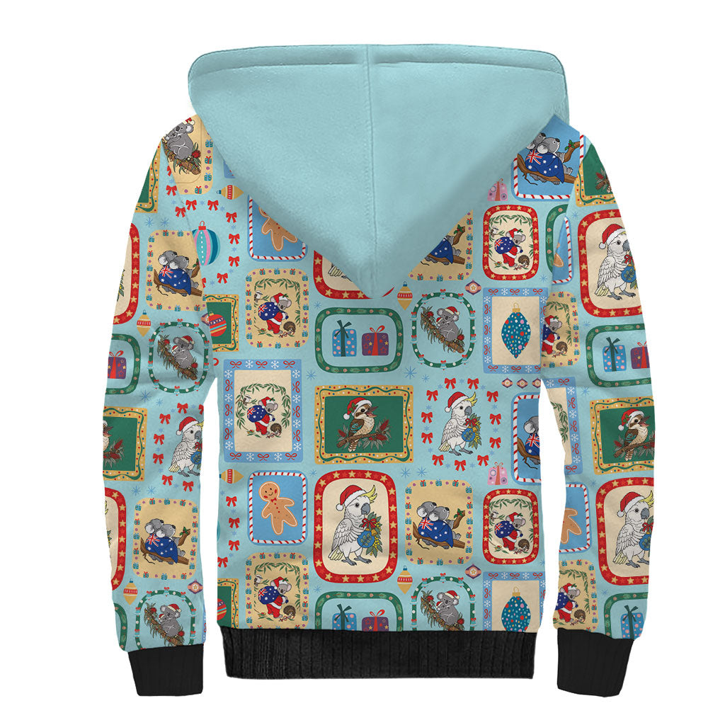 Australia Wildlife Christmas Stamp Sherpa Hoodie Blue Aussie Native Animal Seamless Pattern