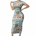 Australia Wildlife Christmas Stamp Short Sleeve Bodycon Dress Blue Aussie Native Animal Seamless Pattern
