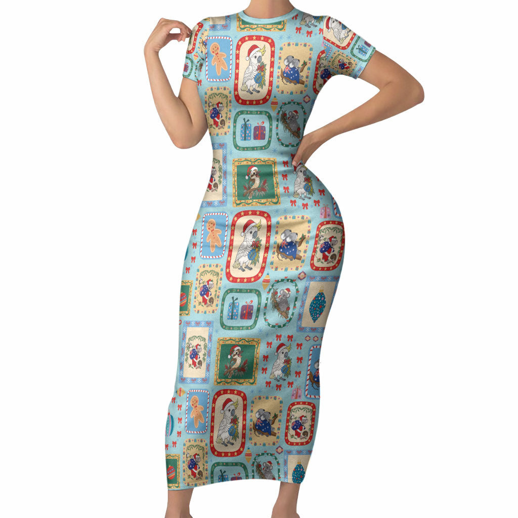 Australia Wildlife Christmas Stamp Short Sleeve Bodycon Dress Blue Aussie Native Animal Seamless Pattern
