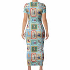 Australia Wildlife Christmas Stamp Short Sleeve Bodycon Dress Blue Aussie Native Animal Seamless Pattern