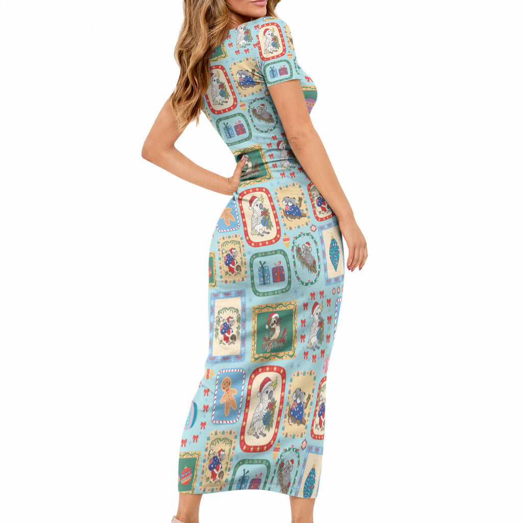 Australia Wildlife Christmas Stamp Short Sleeve Bodycon Dress Blue Aussie Native Animal Seamless Pattern