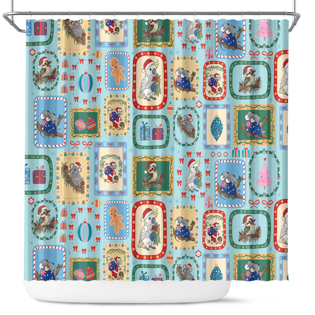 Australia Wildlife Christmas Stamp Shower Curtain Blue Aussie Native Animal Seamless Pattern