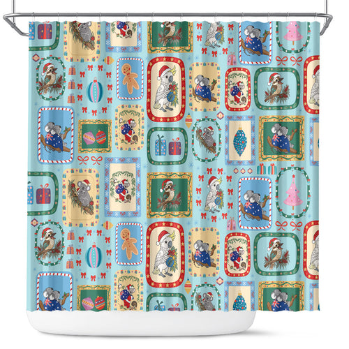 Australia Wildlife Christmas Stamp Shower Curtain Blue Aussie Native Animal Seamless Pattern