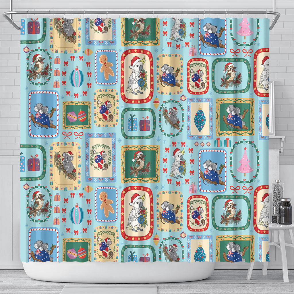 Australia Wildlife Christmas Stamp Shower Curtain Blue Aussie Native Animal Seamless Pattern