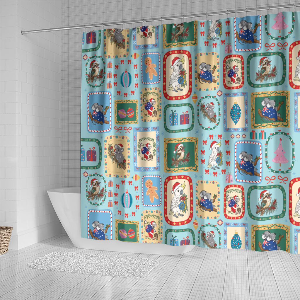 Australia Wildlife Christmas Stamp Shower Curtain Blue Aussie Native Animal Seamless Pattern