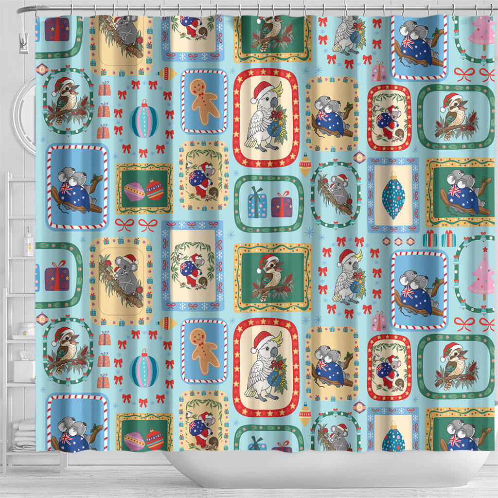 Australia Wildlife Christmas Stamp Shower Curtain Blue Aussie Native Animal Seamless Pattern