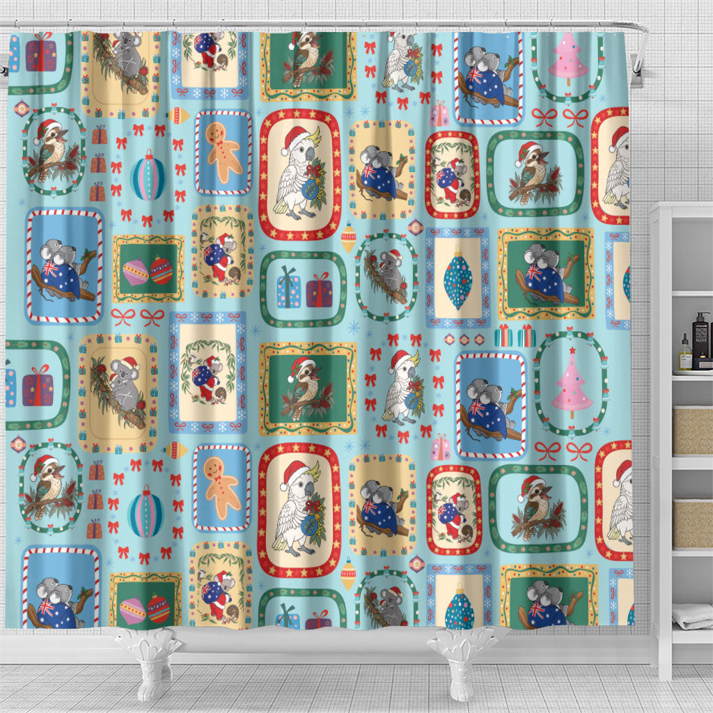 Australia Wildlife Christmas Stamp Shower Curtain Blue Aussie Native Animal Seamless Pattern