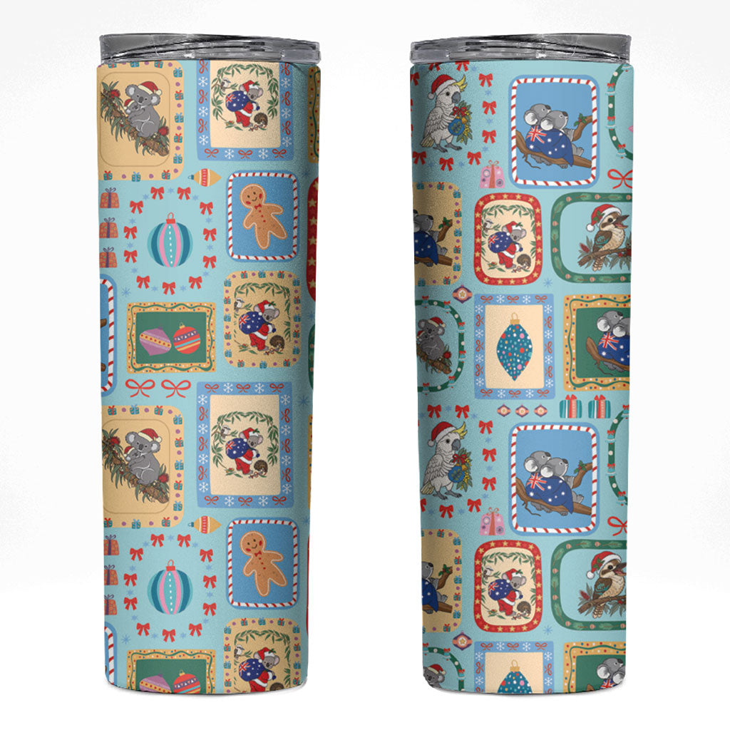 Australia Wildlife Christmas Stamp Skinny Tumbler Blue Aussie Native Animal Seamless Pattern