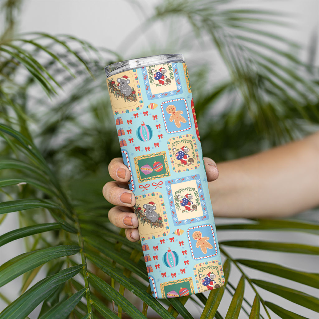 Australia Wildlife Christmas Stamp Skinny Tumbler Blue Aussie Native Animal Seamless Pattern