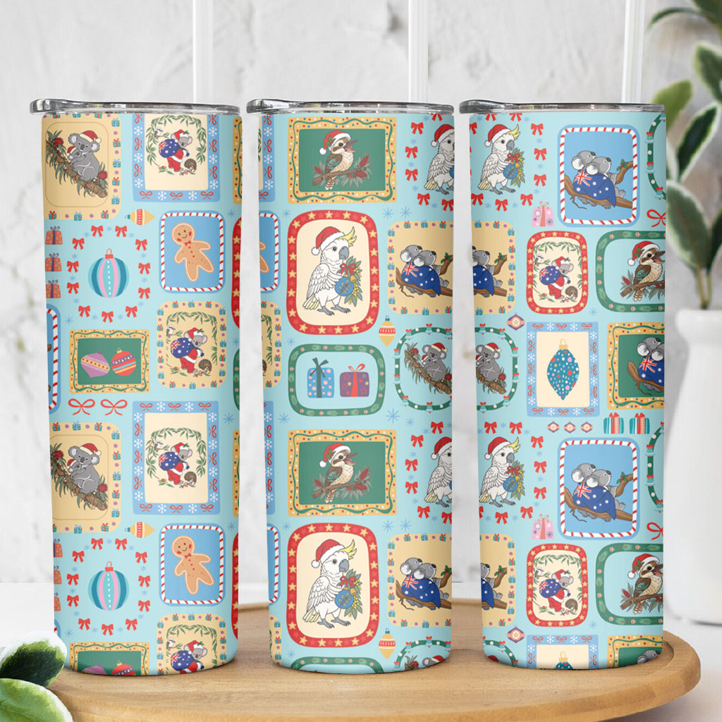 Australia Wildlife Christmas Stamp Skinny Tumbler Blue Aussie Native Animal Seamless Pattern