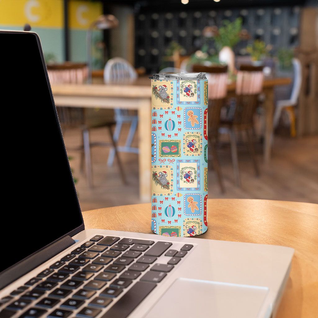 Australia Wildlife Christmas Stamp Skinny Tumbler Blue Aussie Native Animal Seamless Pattern