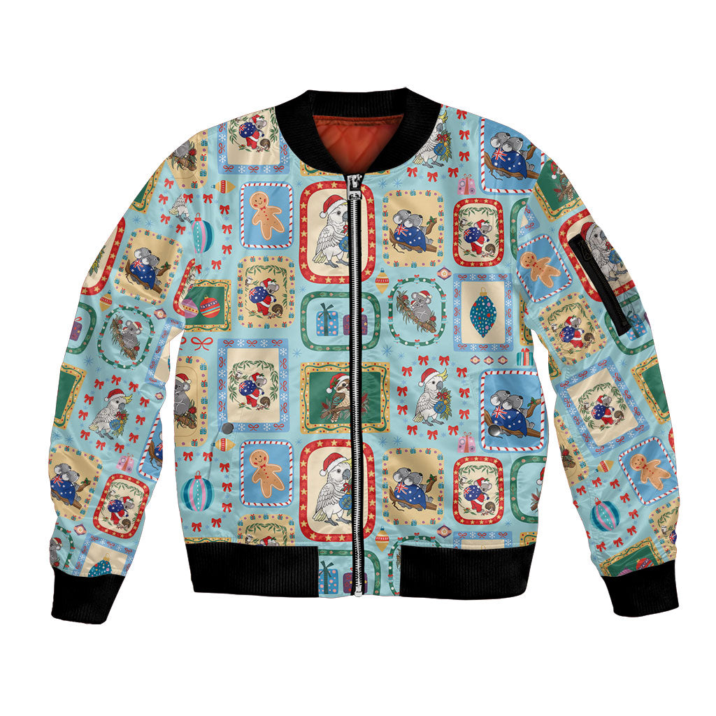 Australia Wildlife Christmas Stamp Sleeve Zip Bomber Jacket Blue Aussie Native Animal Seamless Pattern