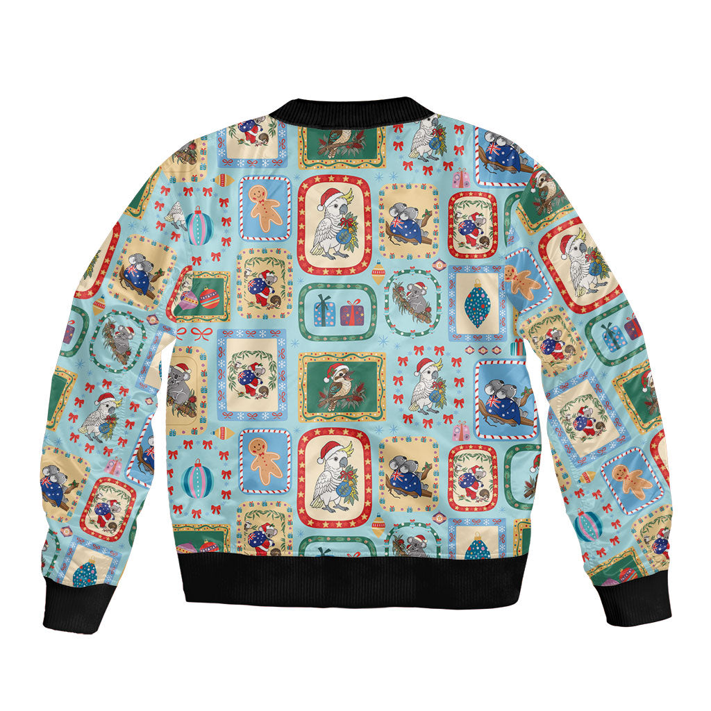 Australia Wildlife Christmas Stamp Sleeve Zip Bomber Jacket Blue Aussie Native Animal Seamless Pattern