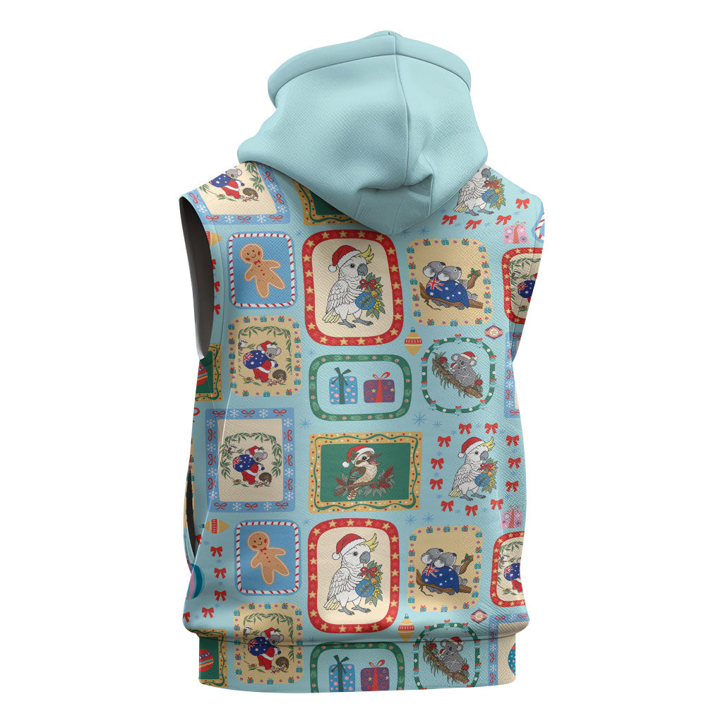 Australia Wildlife Christmas Stamp Sleeveless Hoodie Blue Aussie Native Animal Seamless Pattern